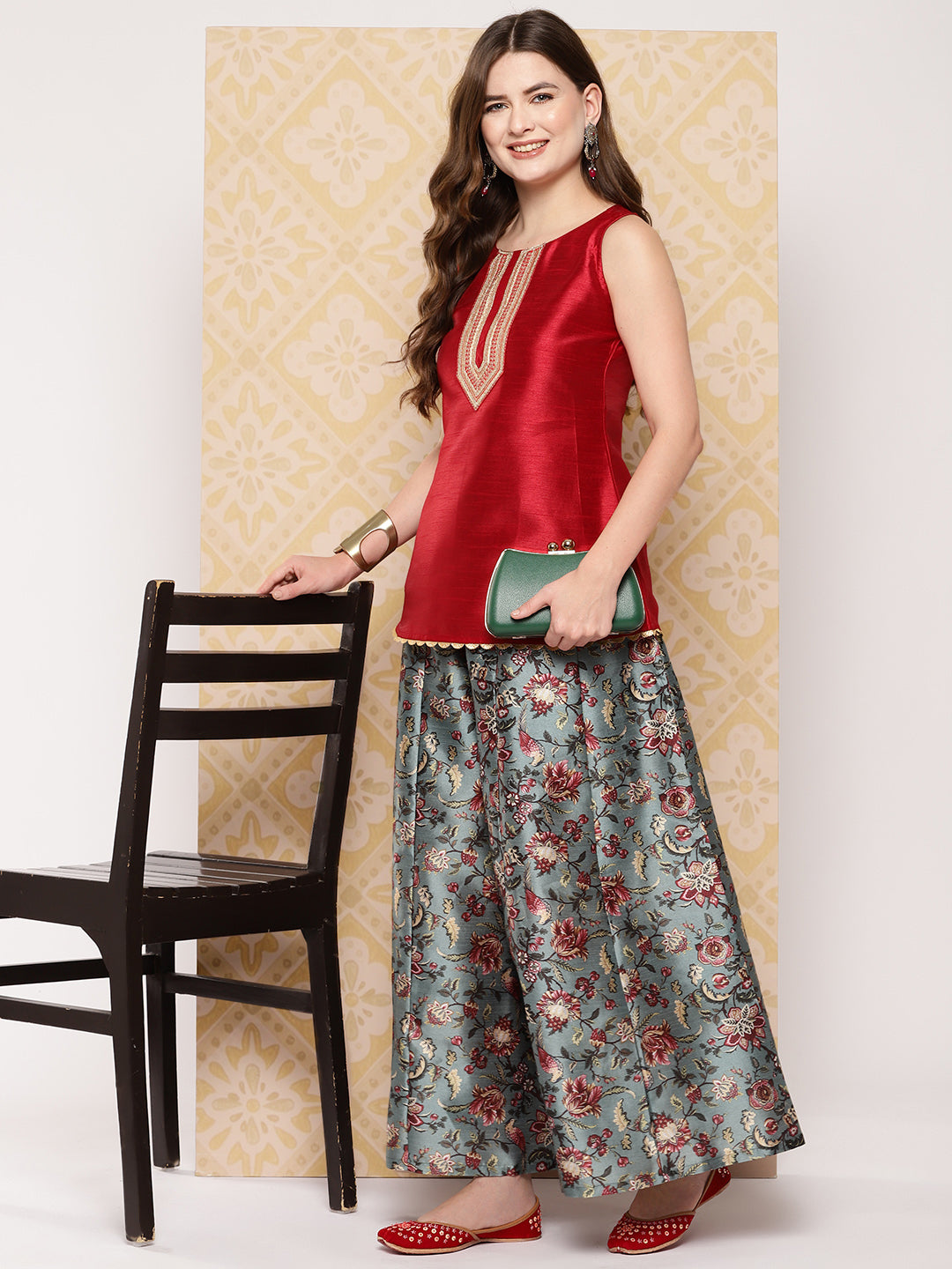 Red & Green Printed Ethnic Embellished Top with Palazzos