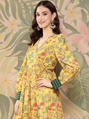 Yellow Floral Printed Tie-Ups Empire Ethnic Dress