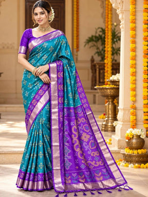 Ahalyaa Woven Design Zari Silk Blend Designer Pochampally Saree - Teal