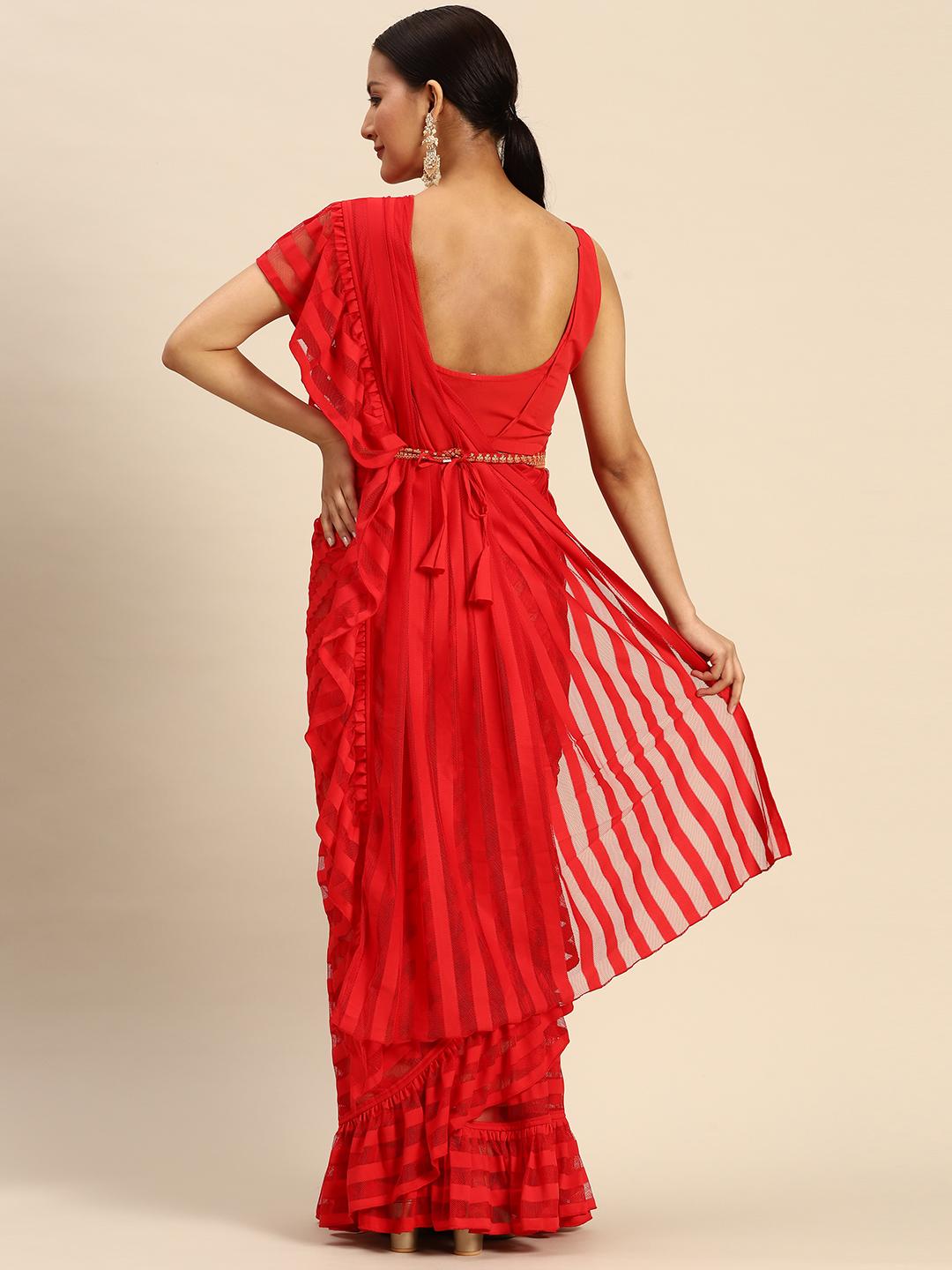 Ahalyaa Striped Net Ready To Wear Saree with Stitched Blouse - Red