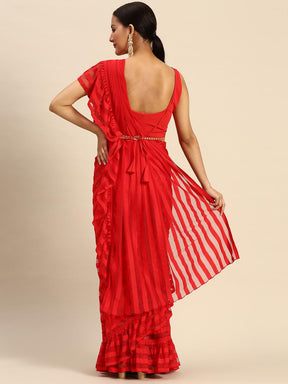 Ahalyaa Striped Net Ready To Wear Saree with Stitched Blouse - Red