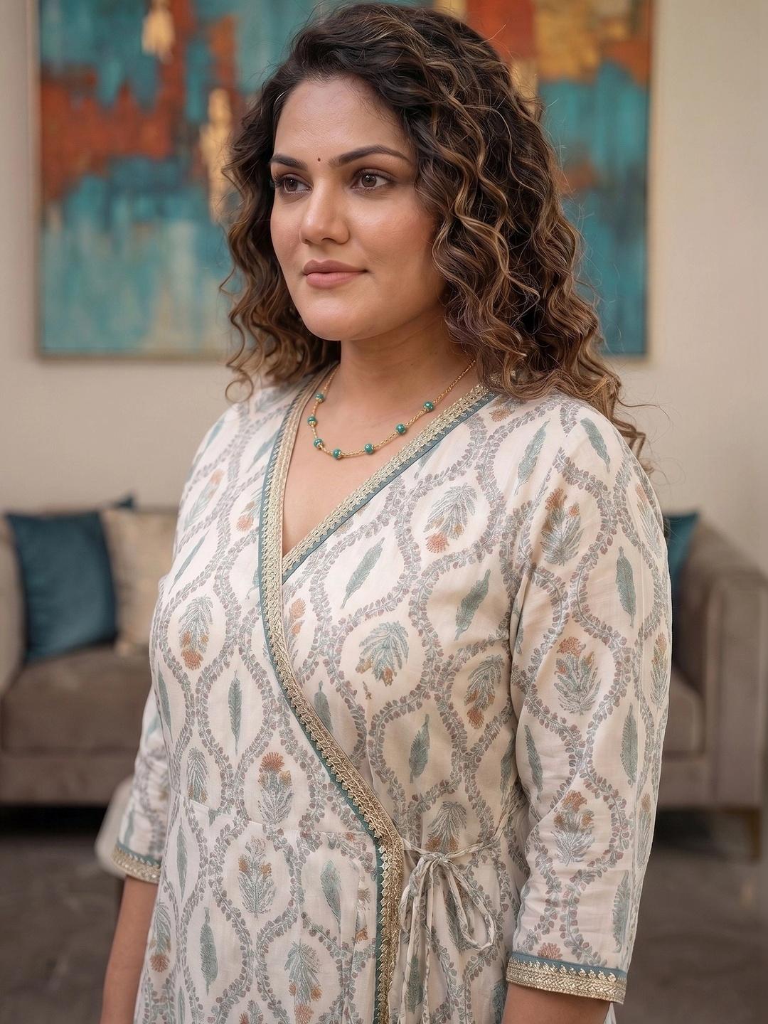 A PLUS BY AHALYAA Printed V-Neck A-Line Ethnic Dress - Off White