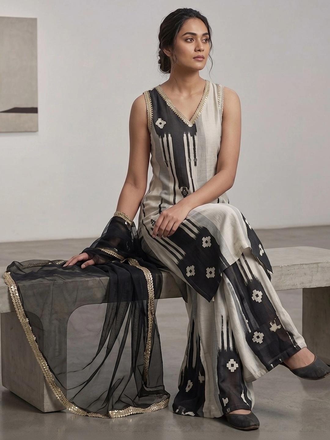 Ahalyaa Women Printed Regular Pure Silk Kurta with Palazzos & Dupatta - Off White