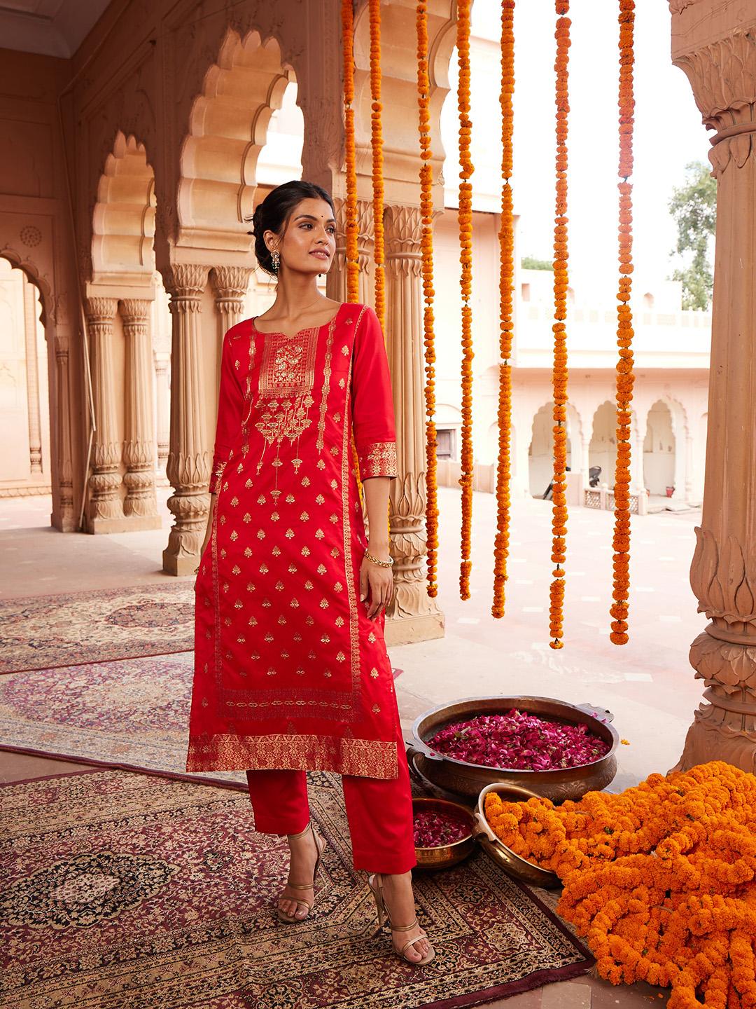 Ahalyaa Women Red Ethnic Motifs Kurta with Trousers - Red