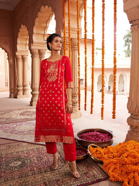 Ahalyaa Women Red Ethnic Motifs Kurta with Trousers - Red