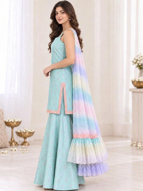 Ahalyaa Printed Kurta with Sharara & Dupatta - Sea Green