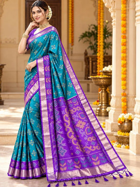 Ahalyaa Woven Design Zari Silk Blend Designer Pochampally Saree - Teal