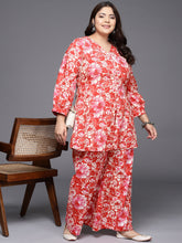 Red & White Printed Plus Size Pure Cotton Tunic with Palazzos