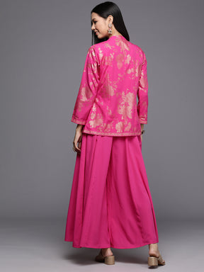 Pink Solid Crop Top with Palazzos and Printed Shrug