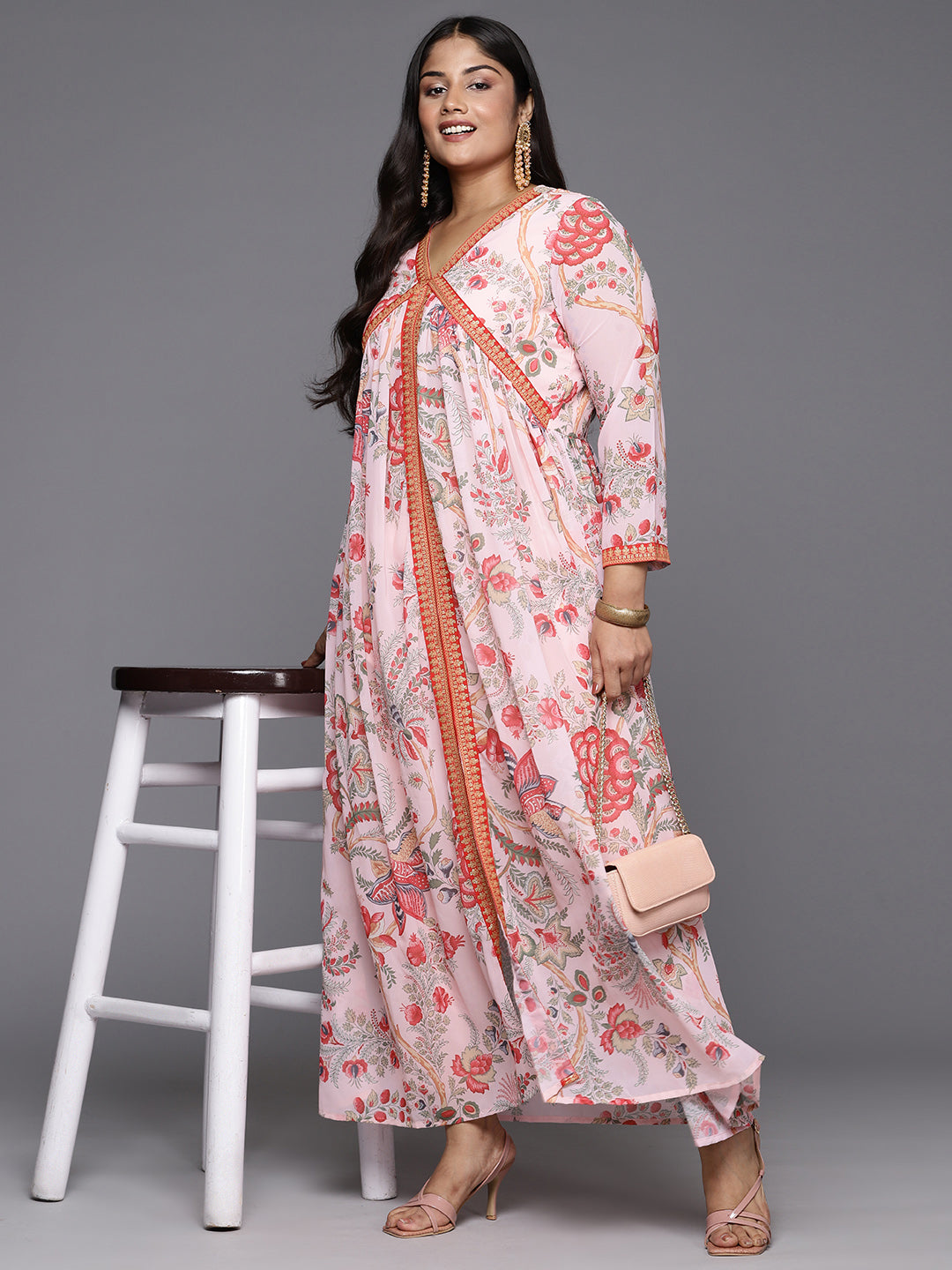 Pink Floral Printed Plus Size High Slit Kurta with Trousers