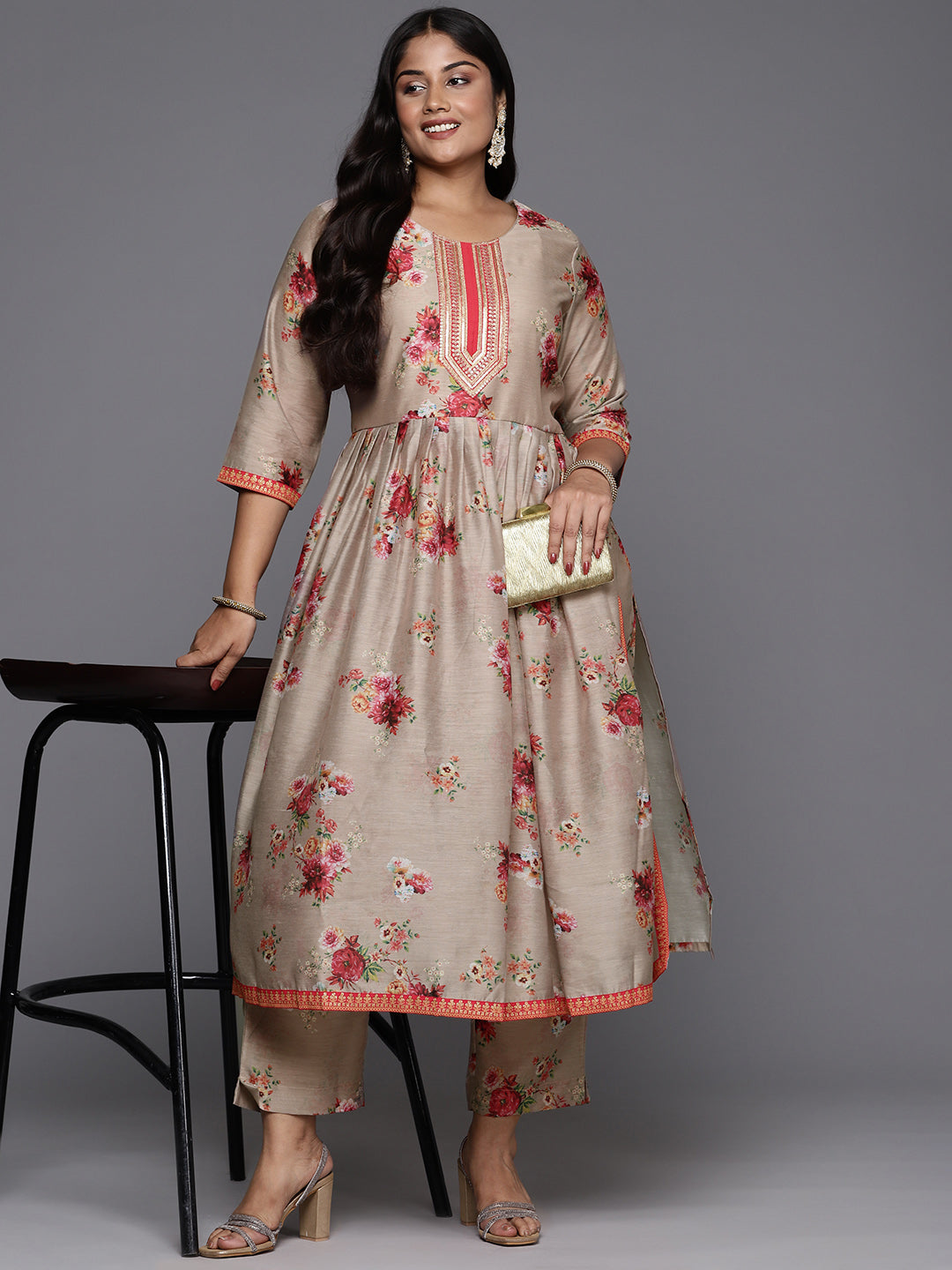 Tan Floral Printed Plus Size Kurta with Trousers
