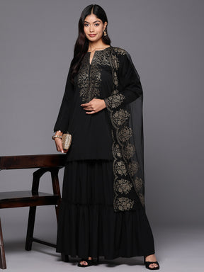 Women's Black Floral Printed Sharara set with Dupatta