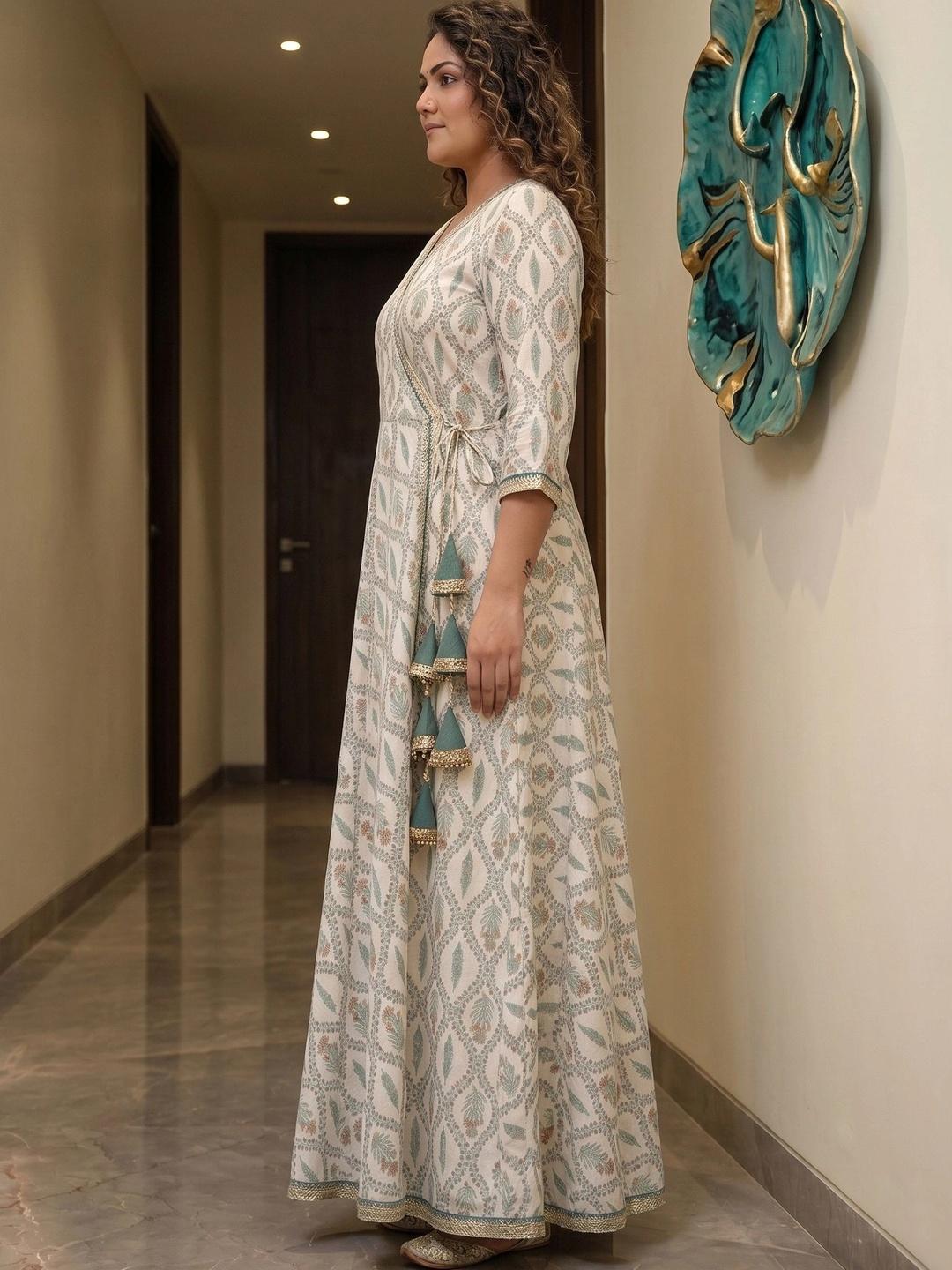 A PLUS BY AHALYAA Printed V-Neck A-Line Ethnic Dress - Off White