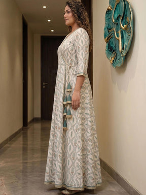 A PLUS BY AHALYAA Printed V-Neck A-Line Ethnic Dress - Off White