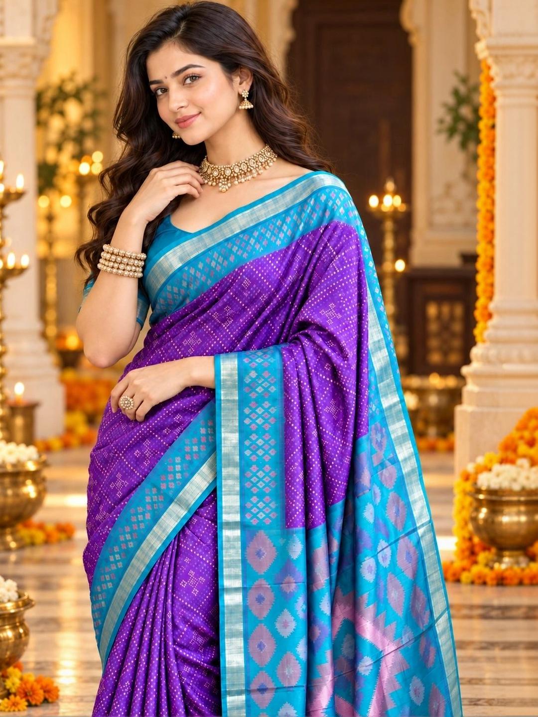 Ahalyaa Woven Design Zari Silk Blend Pochampally Saree - Purple