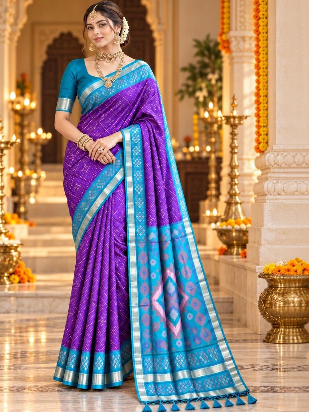 Ahalyaa Woven Design Zari Silk Blend Pochampally Saree - Purple