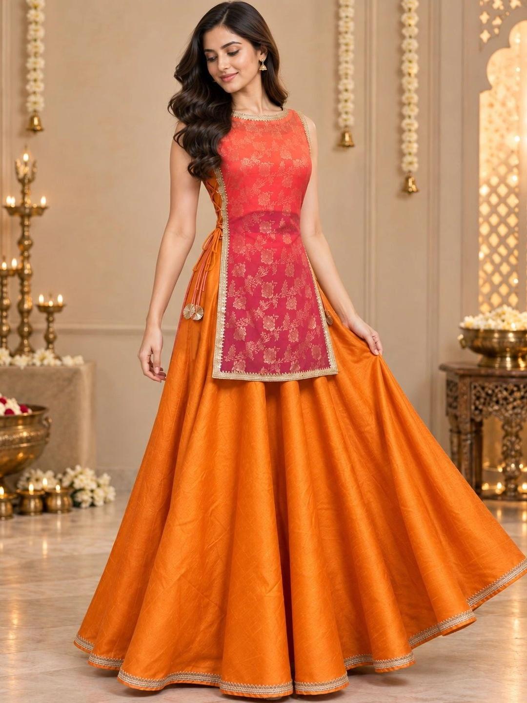 Ahalyaa Floral Woven Design Top with Skirt & Shrug - Orange