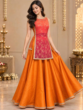 Ahalyaa Floral Woven Design Top with Skirt & Shrug - Orange
