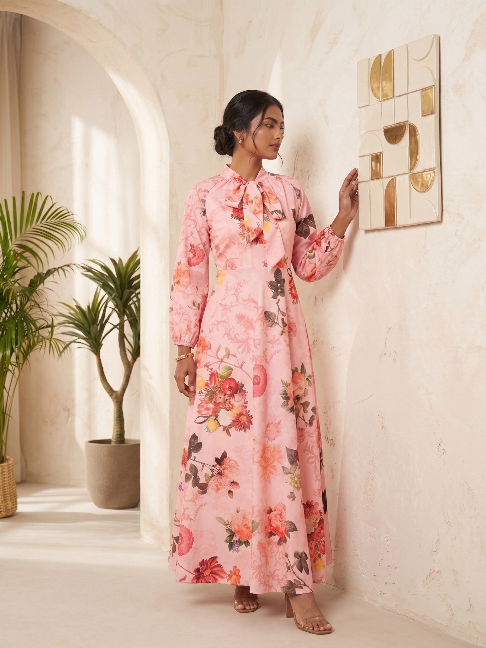 Printed Tie-Up Neck Fit and Flare Maxi Dress