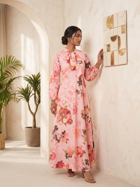 Printed Tie-Up Neck Fit and Flare Maxi Dress