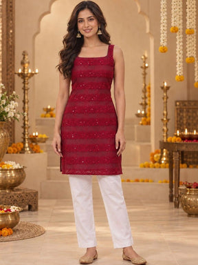 Ahalyaa Embellished Square Neck Sequinned Kurti - Maroon - Front