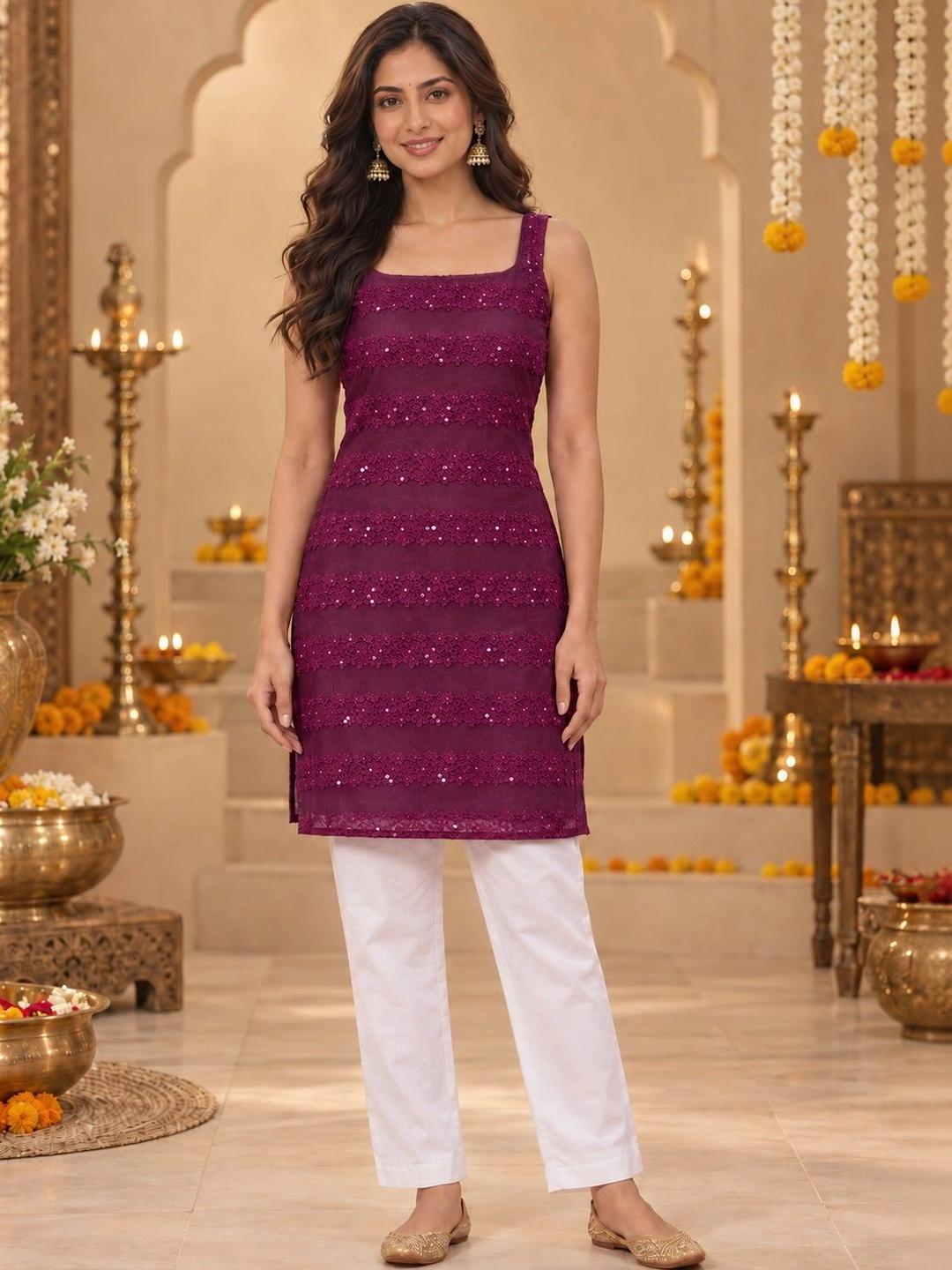 Ahalyaa Ethnic Motifs Embroidered Square Neck Sequinned Kurti - Purple