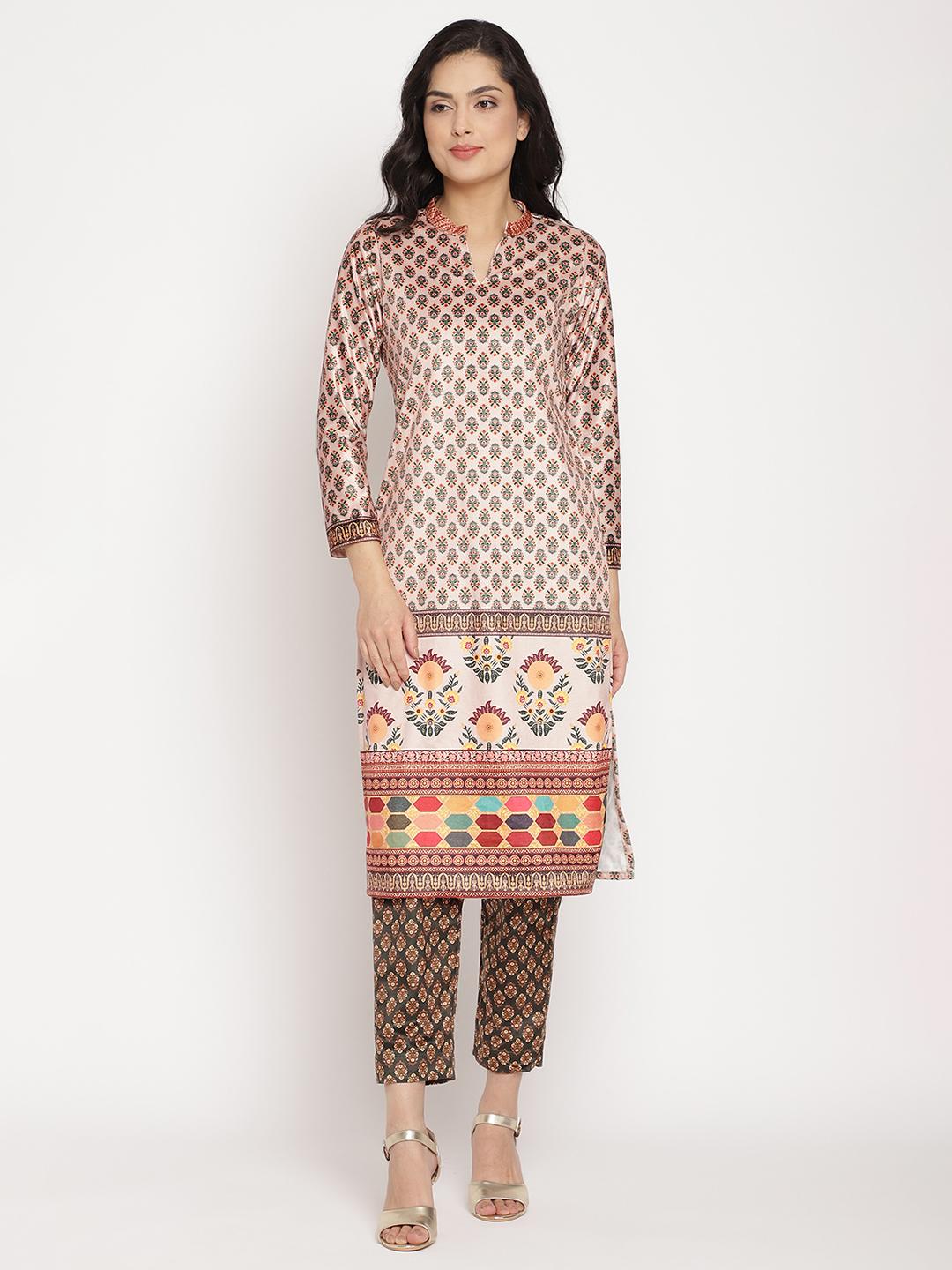 Ahalyaa Women Cream-Coloured & Black Printed Velvet Kurta with Trousers