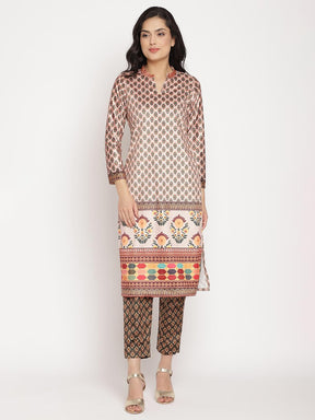 Ahalyaa Women Cream-Coloured & Black Printed Velvet Kurta with Trousers
