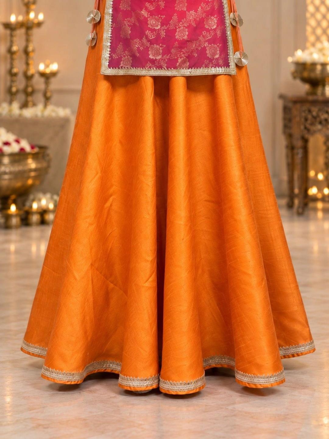 Ahalyaa Floral Woven Design Top with Skirt & Shrug - Orange
