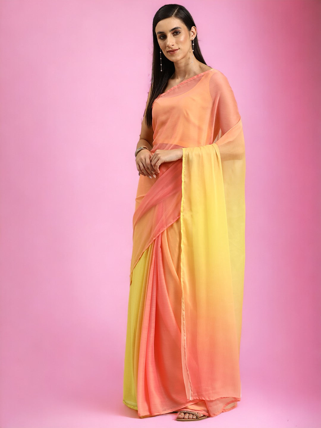 Yellow & Orange Coloured Ombre Printed Saree