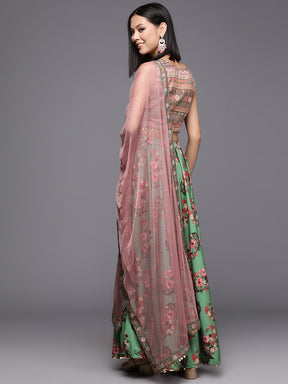 Green Floral Printed Ready to Wear Lehenga & Blouse With Dupatta