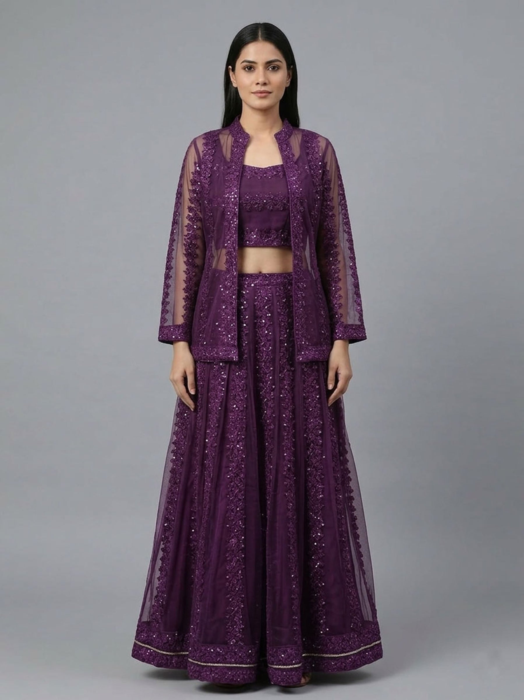 Embellished Top with Skirt & Jacket