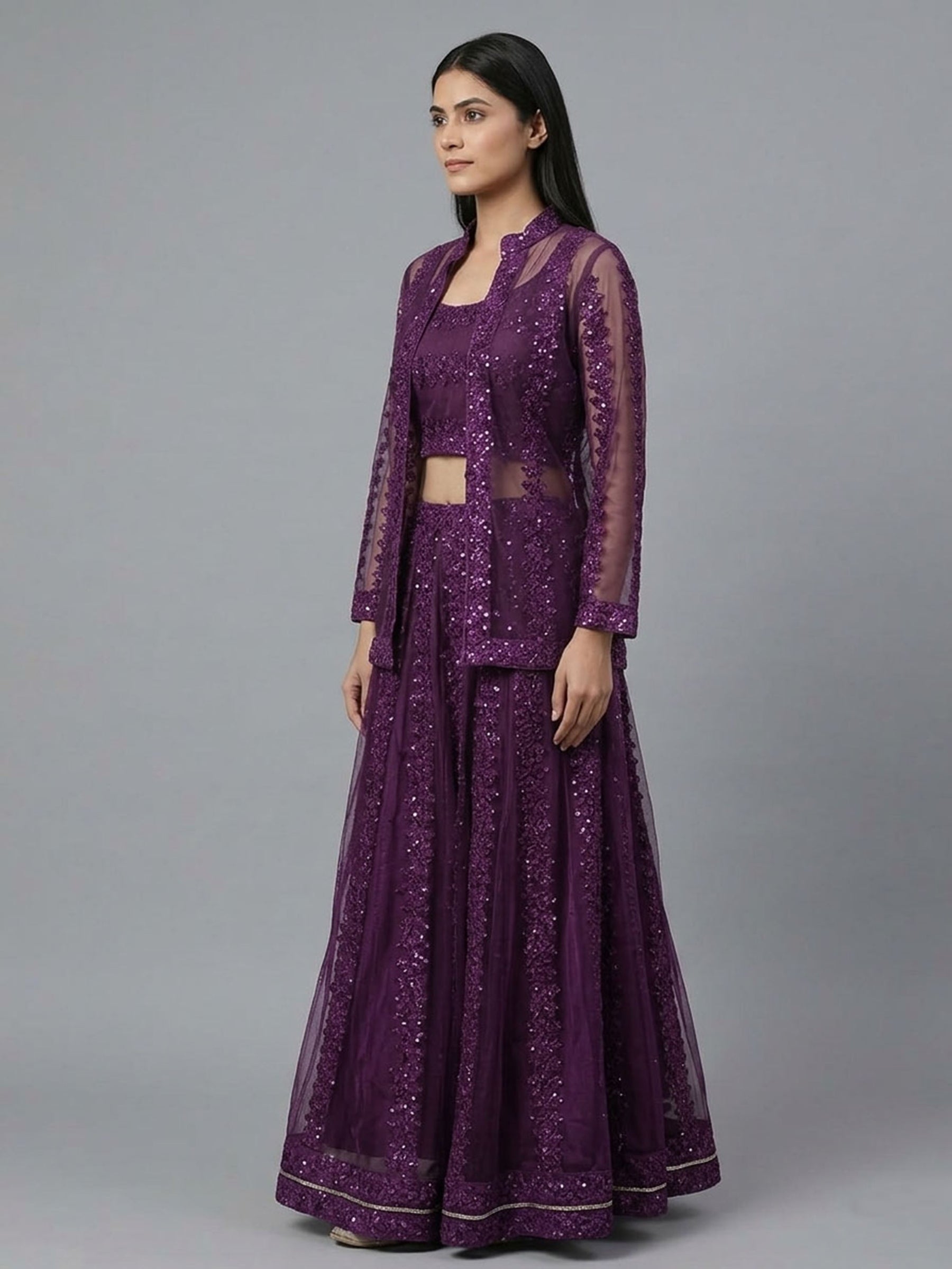 Embellished Top with Skirt & Jacket