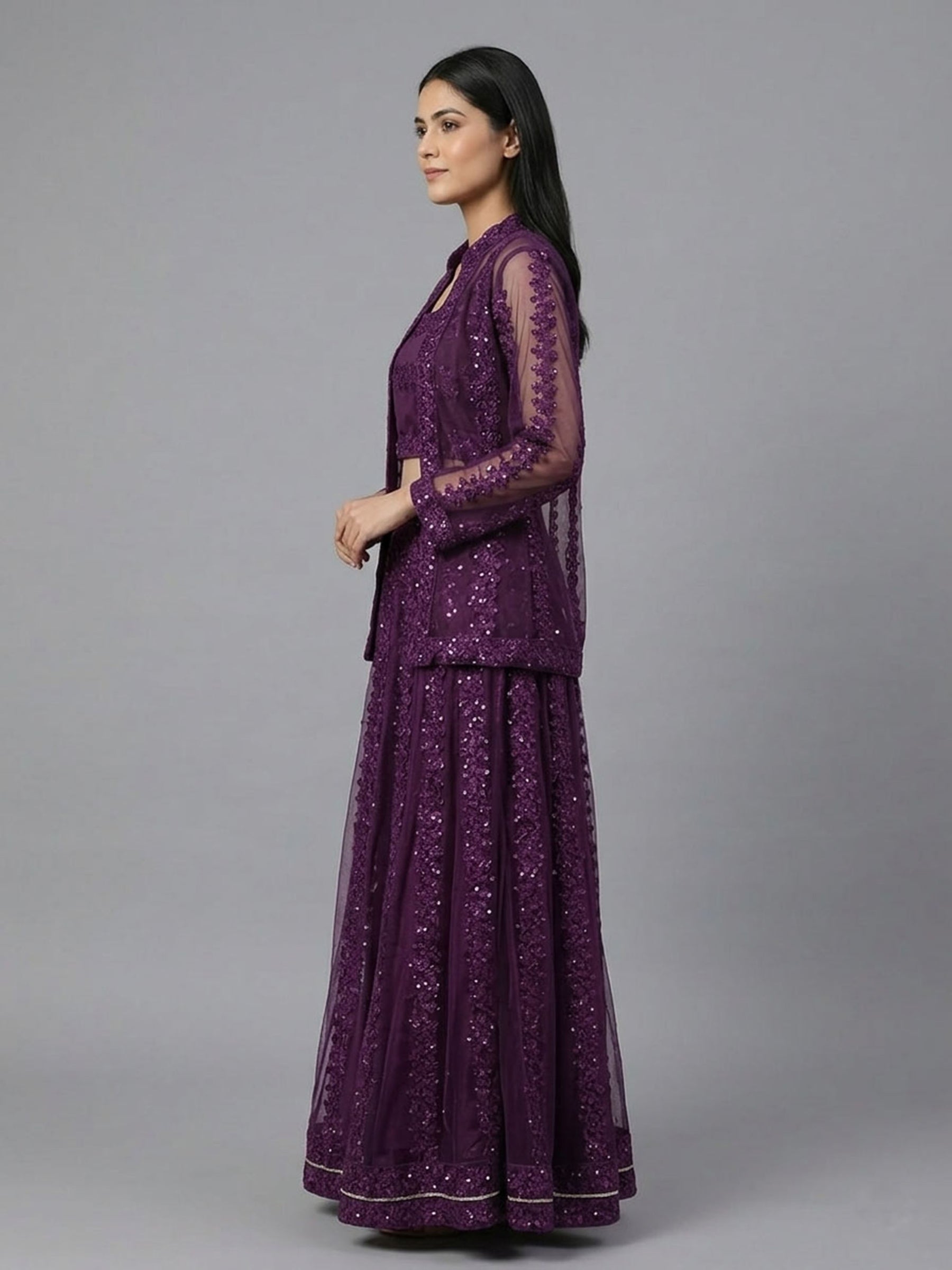 Embellished Top with Skirt & Jacket