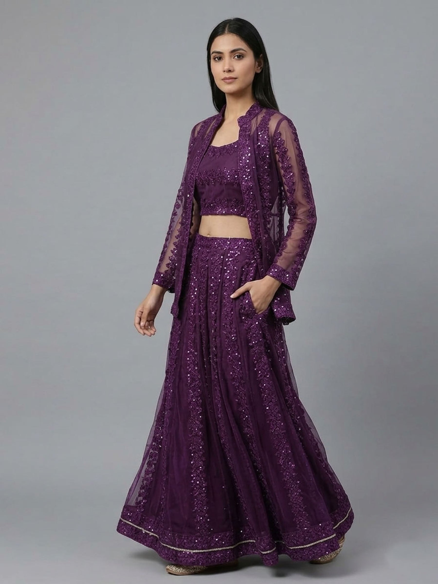 Embellished Top with Skirt & Jacket