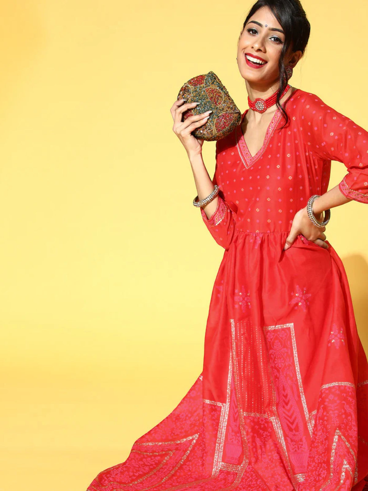 Red Chanderi Khari Printed Ethnic Dress