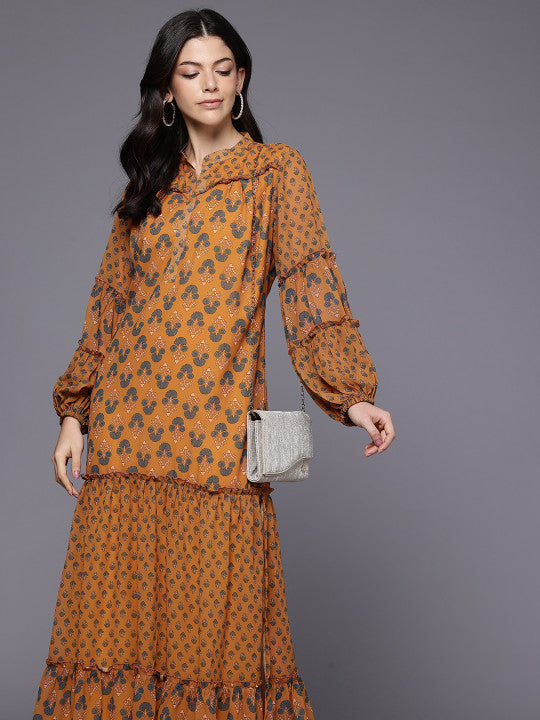 Floral Print Puff Sleeve A-Line Maxi Dress
