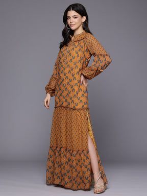 Floral Print Puff Sleeve A-Line Maxi Dress