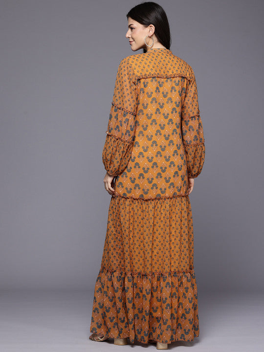 Floral Print Puff Sleeve A-Line Maxi Dress