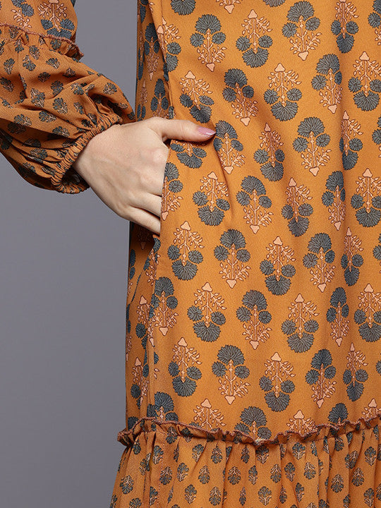 Floral Print Puff Sleeve A-Line Maxi Dress