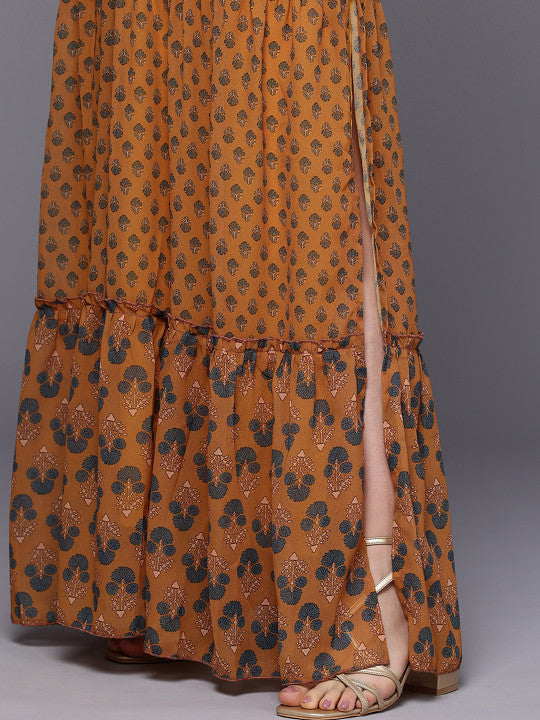 Floral Print Puff Sleeve A-Line Maxi Dress