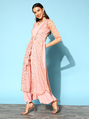 Pink Crepe & Net Foil Print Dress