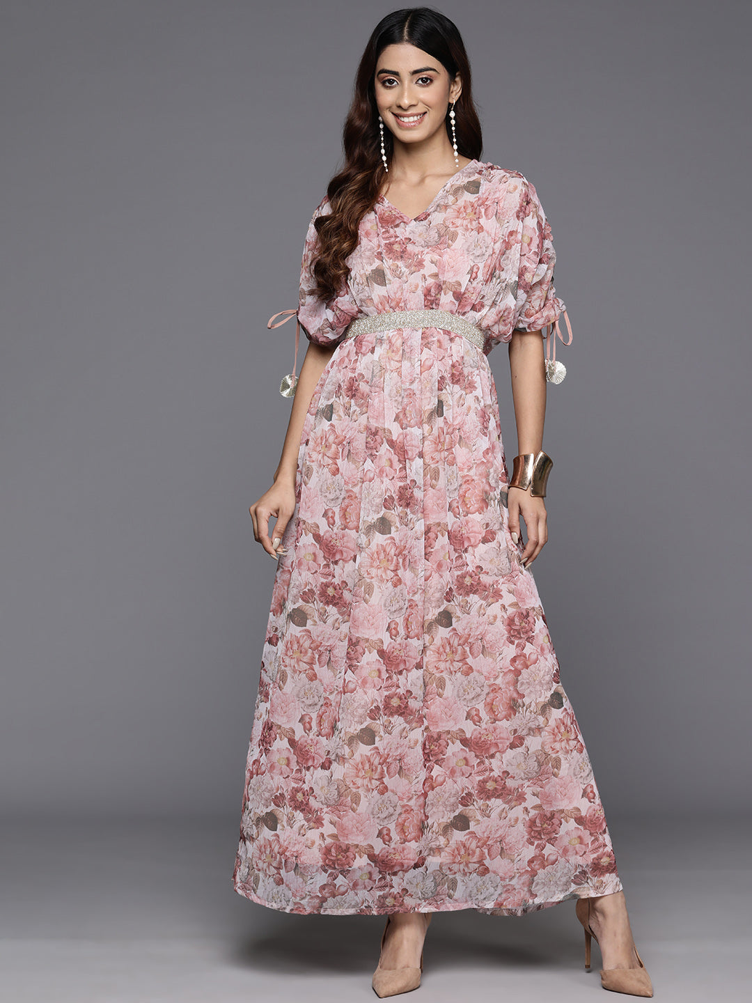 Floral Print Embellished Batwing Sleeves Maxi Dress