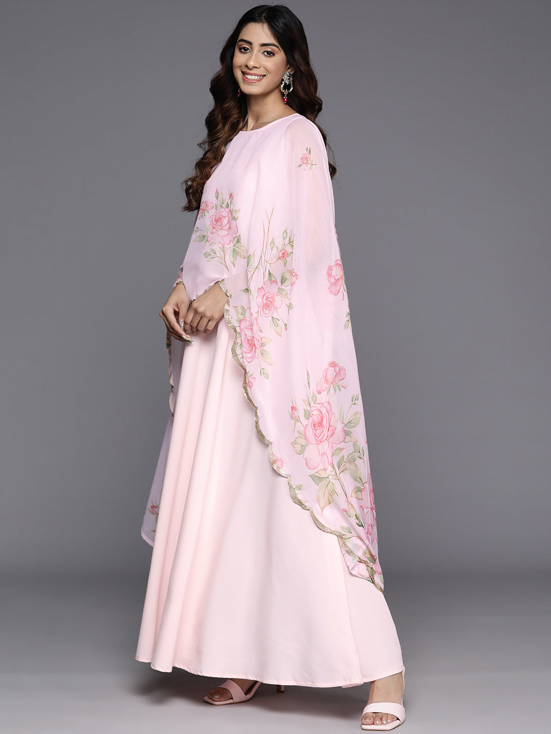 Floral Printed Layered Crepe Maxi Gown Dress
