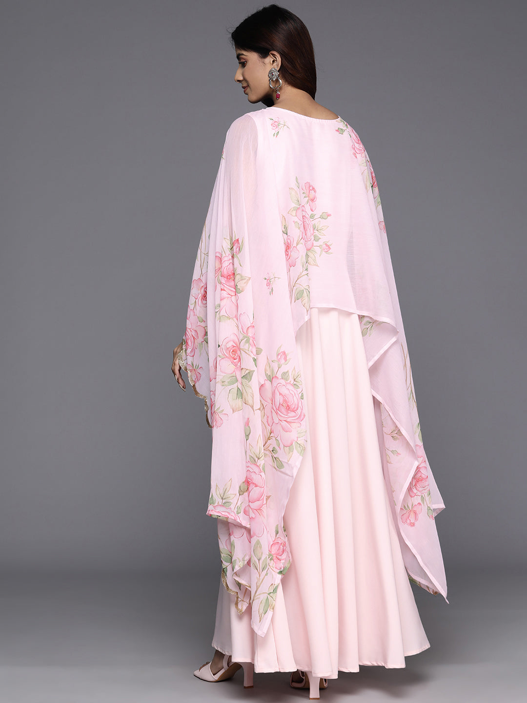 Floral Printed Layered Crepe Maxi Gown Dress