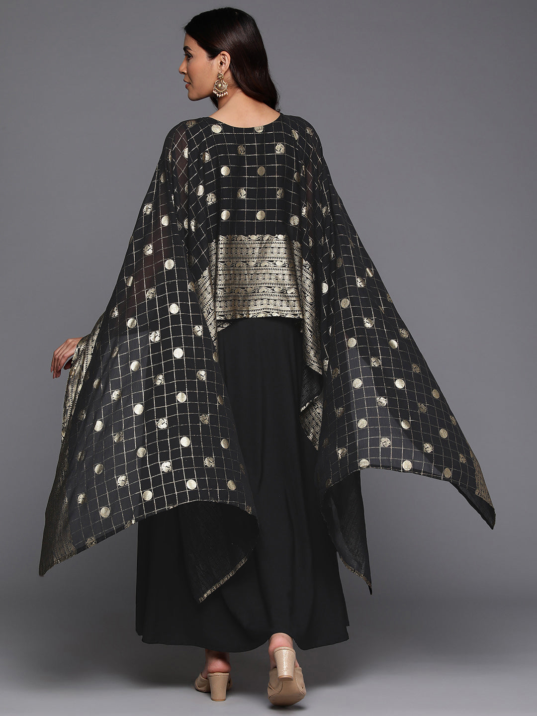Women Ethnic Print Layered Kimono Sleeves Crepe Ethnic A-Line Maxi Dress