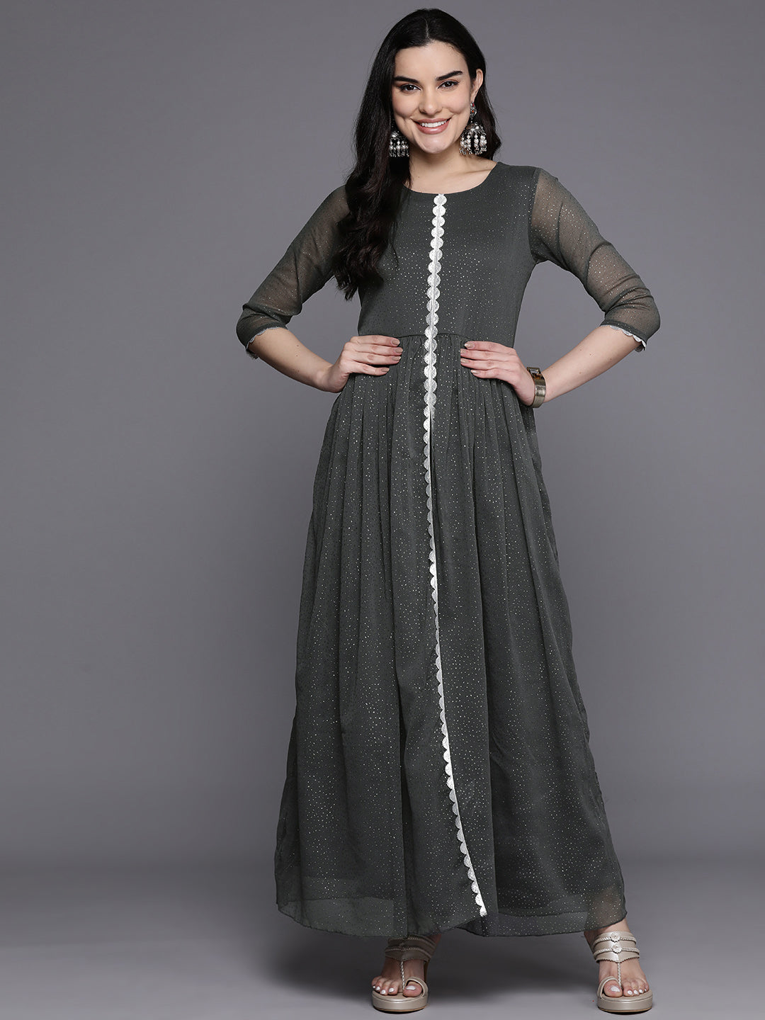 Grey Abstract Print Layered A-Line Maxi Ethnic Dress