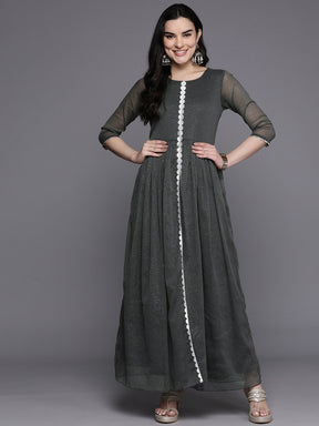Grey Abstract Print Layered A-Line Maxi Ethnic Dress