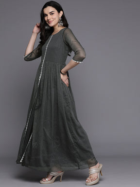 Grey Abstract Print Layered A-Line Maxi Ethnic Dress