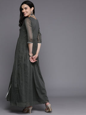 Grey Abstract Print Layered A-Line Maxi Ethnic Dress